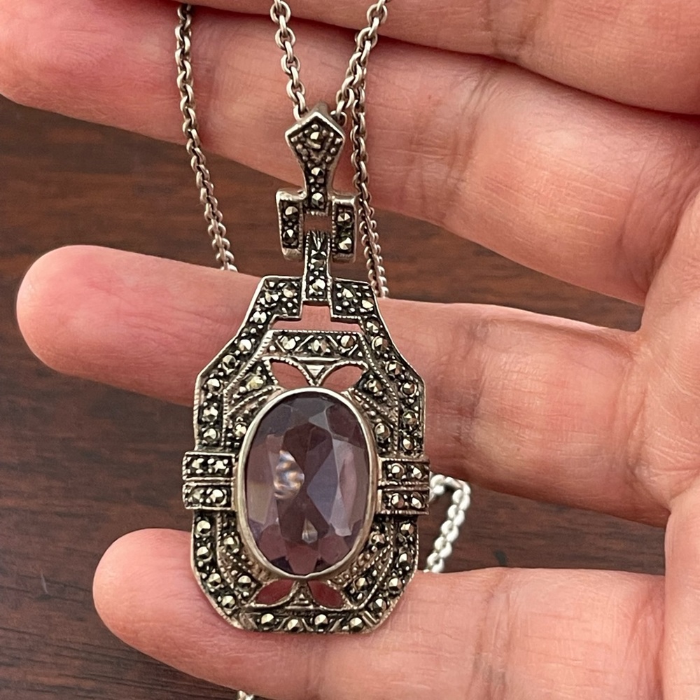 Amethyst marcasite solid sterling silver pendant and chain